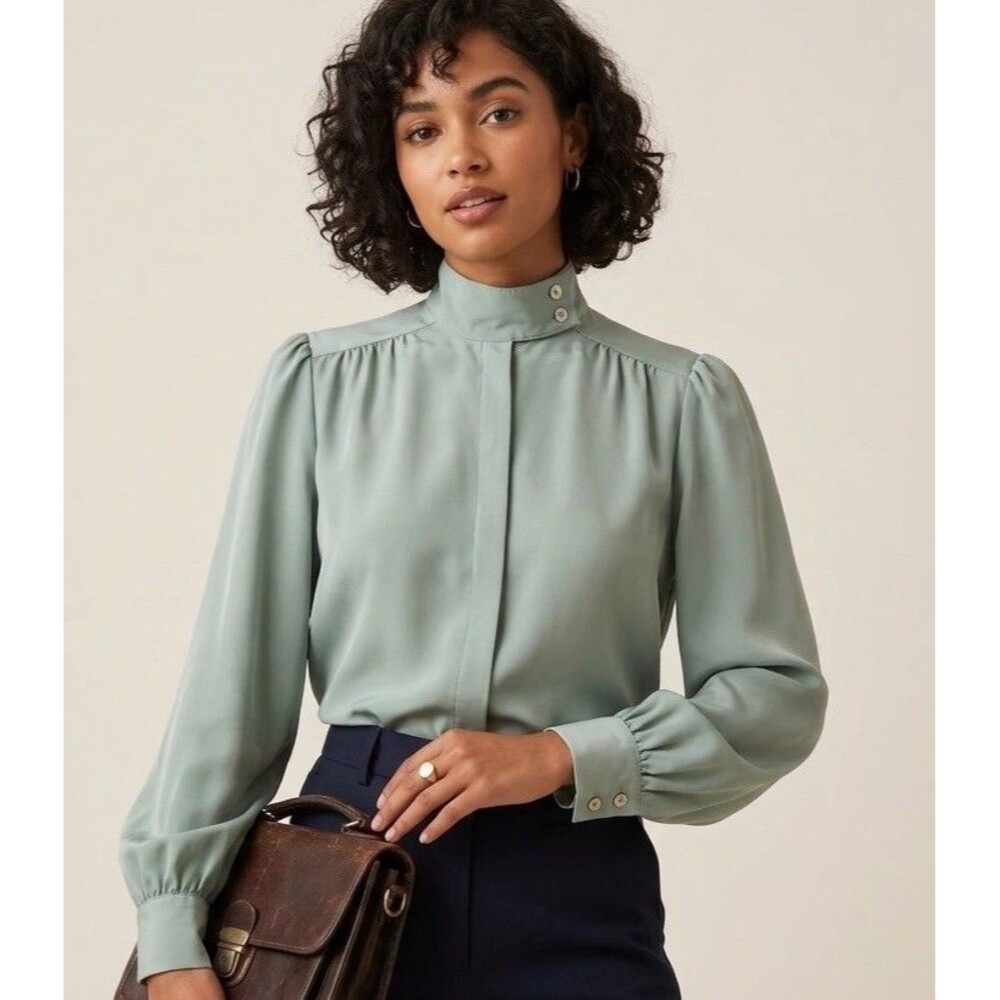 VTG Pendleton Country Sophisticates Sage Green Blouse 2P Silky Mock Neck 80’s